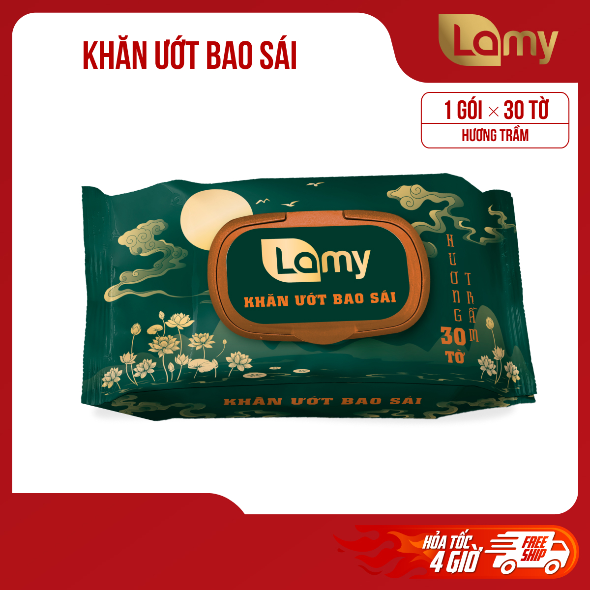 [LAMY OFFICIAL]_Khăn ướt bao sái Lamy gói 30 tờ lau bàn thờ tiện lợi hương Trầm