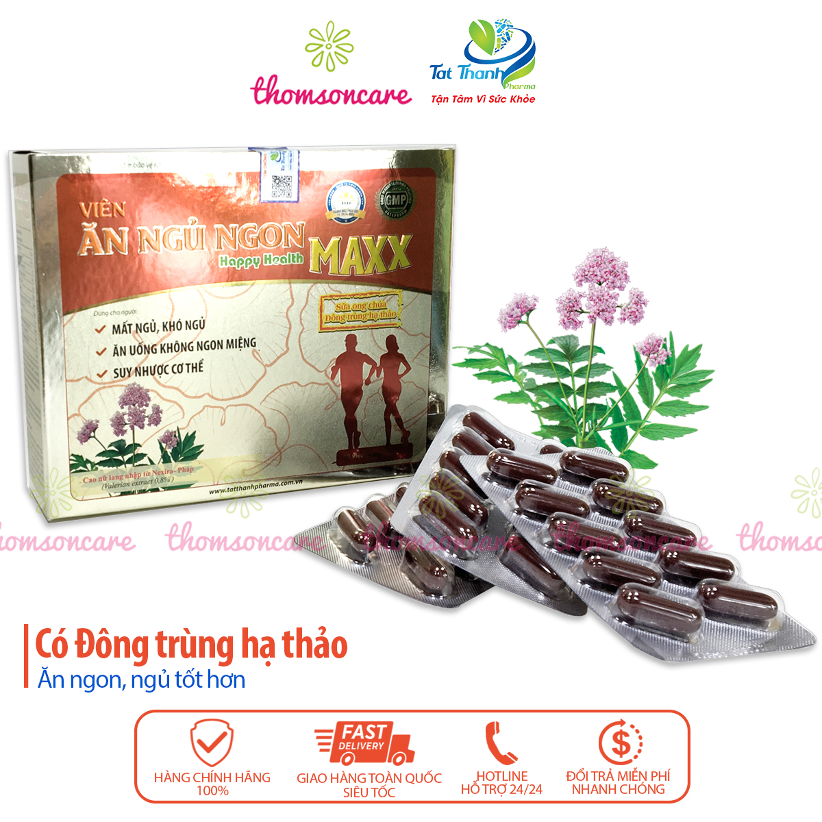 Ăn ngủ ngon, giảm mất ngủ Happy Health Max - Giúp giảm mất ngủ, ăn ngon, hộp 60v từ đông trùng hạ thảo, melatonin, sữa ong chúa Hộp 60 viên nang Tất Thành