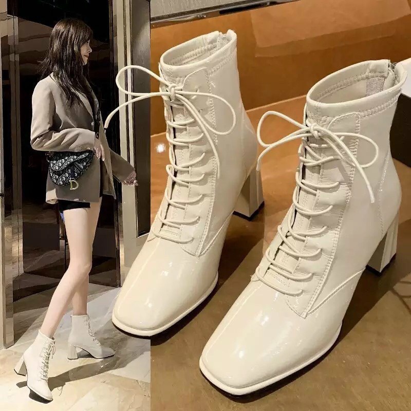 Giày bốt nữ cao cổ gót cao 7p chất liệu da bóng cao cấp dây buộc kéo khóa sau phong cách ulzzang hàn quốc 2021