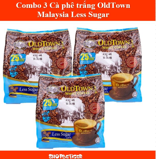 Date 2024 Combo 3 bịch Cà phê OldTown Malaysia Less Sugar ít đường