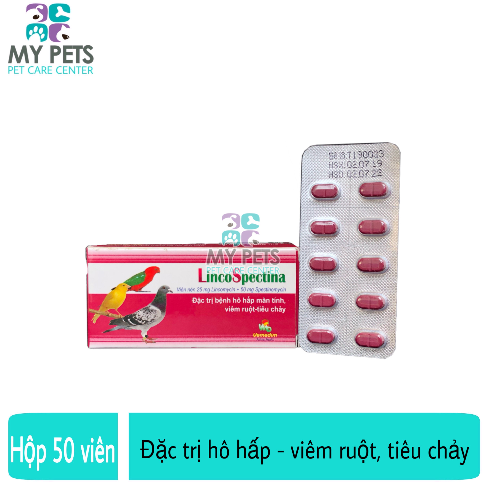 Các bệnh hô hấp, viêm ruột, tiêu chảy cho chim cảnh, gà đá - Linco Spectina hộp 50 viên