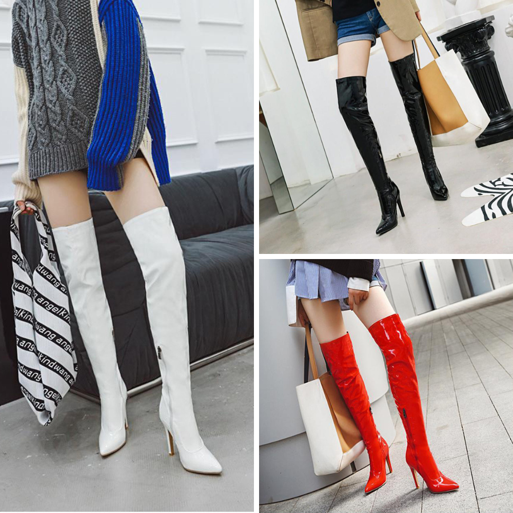 Giày boot đùi nữ da bóng gót nhọn cao 10.5cm 3 màu ĐEN/ TRẮNG/ ĐỎ thanh dáng GCC29