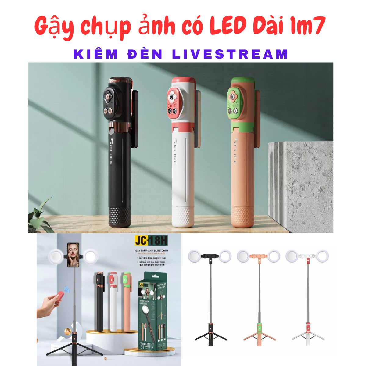 Gậy chụp ảnh LED 1m7, Gậy Selfie JC-18H có 2 đèn Led trợ sáng, Gậy kiêm Đèn Livestream, kết nối bluetooth dễ dàng