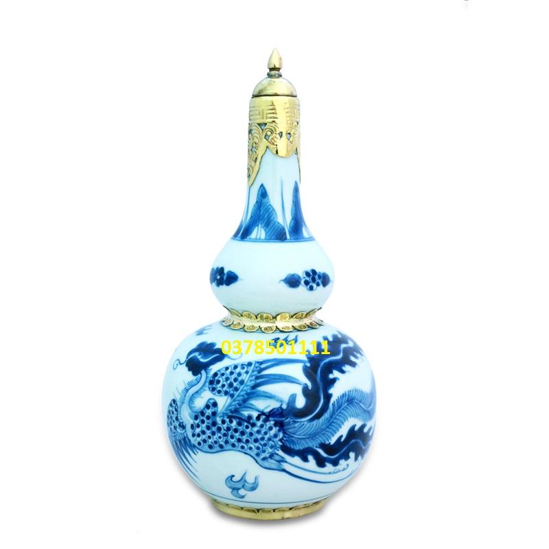 Nậm men lam bọc đồng, vẽ rồng phượng 500ml