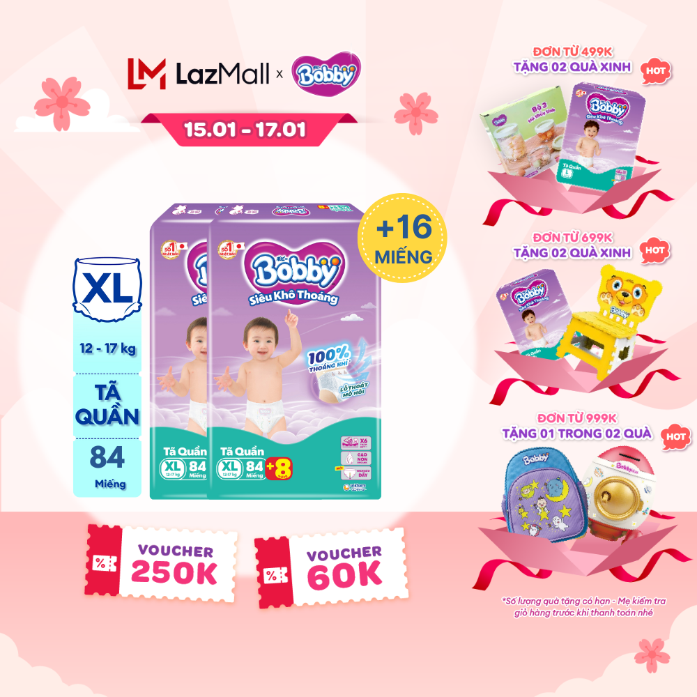 [CHỈ 20H 15-17.01 QUÀ TẶNG ĐH 499K]  [TẶNG THÊM 16 MIẾNG] Combo 2 Tã/bỉm quần Bobby 3mm Mega Jumbo Gạo non Giảm nhiệt XL84