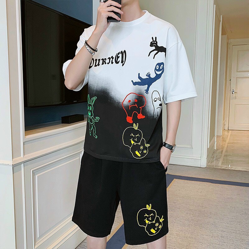 Set bộ áo thun nam, quần đùi, bộ đồ thể thao nam pha màu in họa tiết, quần short nam, áo thun tay ngắn - đt