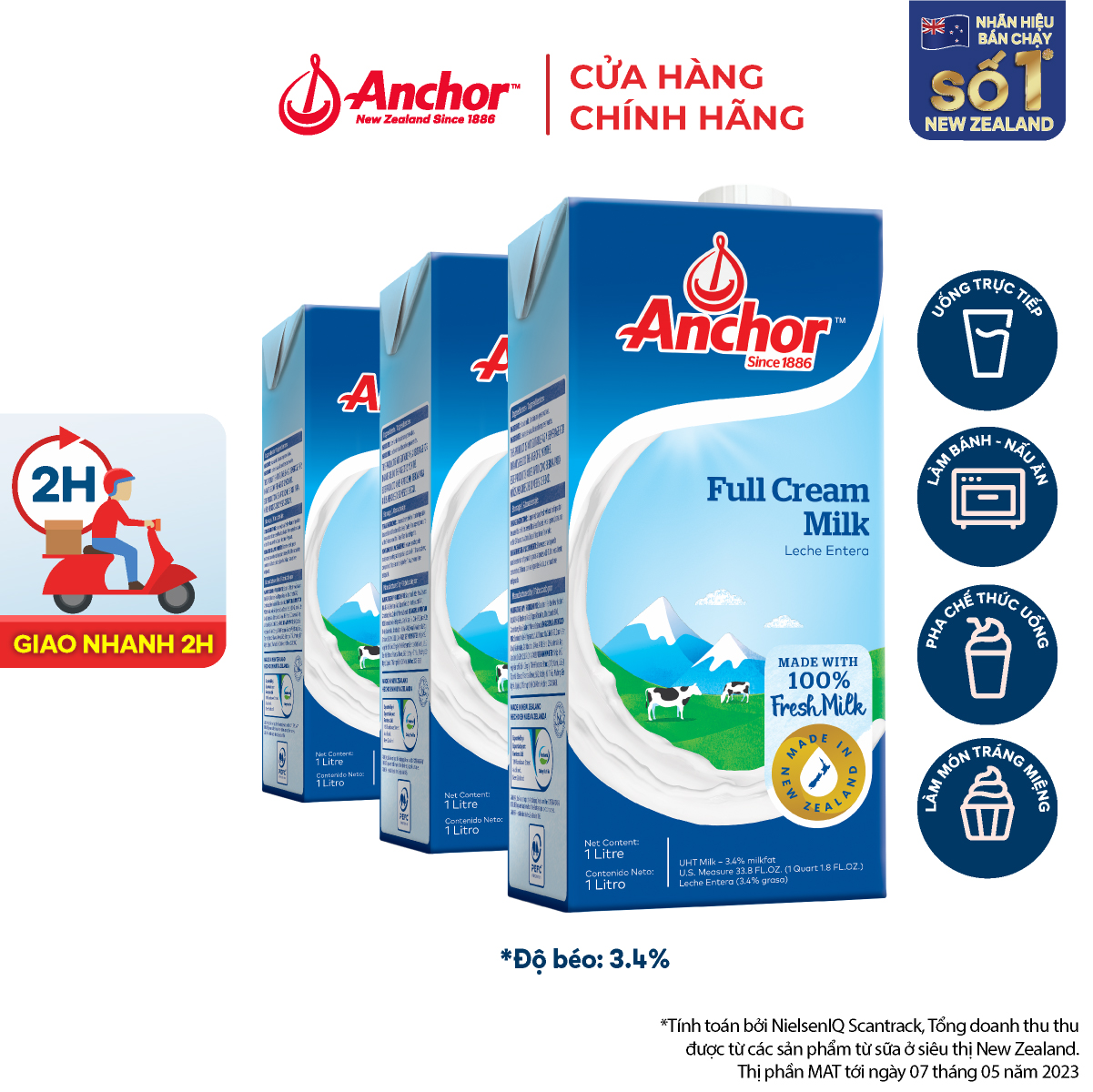 GIẢM 20K ĐƠN 199K - Combo 3 sữa tươi tiệt trùng Anchor nguyên kem hộp 1 lít
