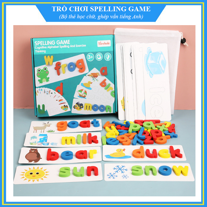 Bộ thẻ học ghép chữ cái tiếng Anh bằng gỗ - Spelling game hộp xanh