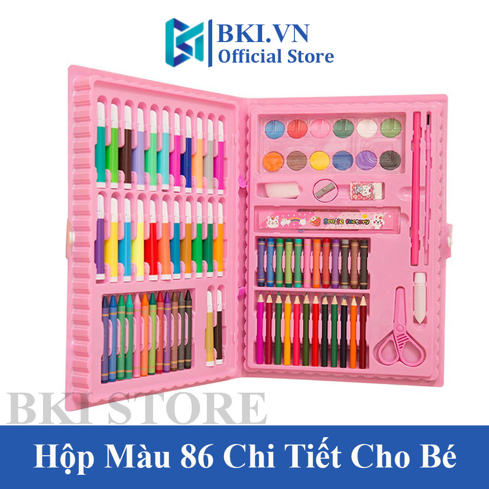 Hộp màu vẽ 86 chi tiết loại tốt cho bé tập tô, bộ bút màu 86 món hình cặp sách chất liệu cao cấp, an toàn không độc hại