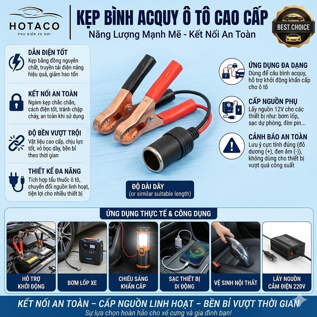Dây Tẩu Có Đầu Âm Dương, dây kẹp bình ắc quy 12V-24V bằng ABS cách điện dùng thiết bị bằng tẩu kẹp chắc chắn I HOTACO