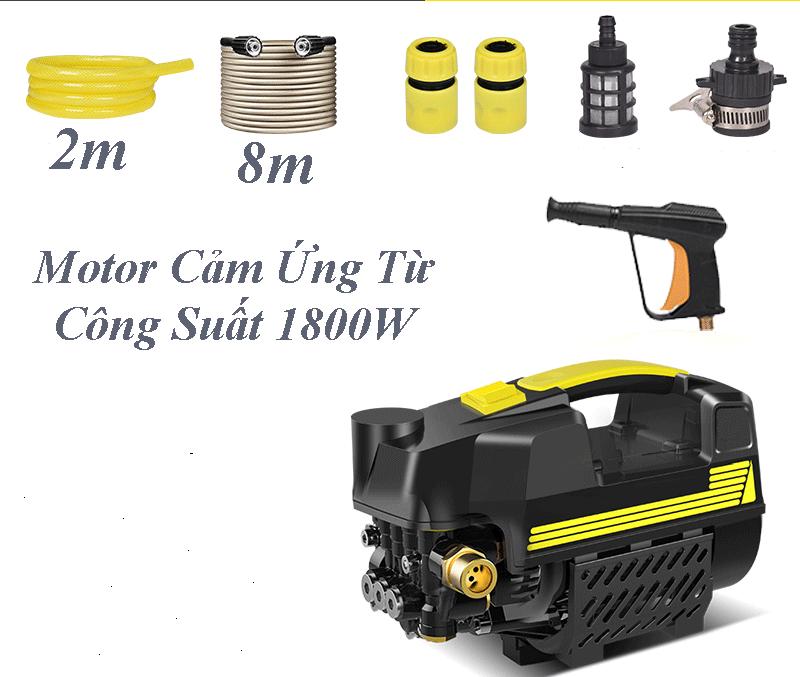 Máy Rửa Xe Không Chổi Than Công Suất 1800W Tặng Bình Dung Dịch Tẩy Rửa, Máy Motor Lõi Đồng Bảo Hành 12 Tháng