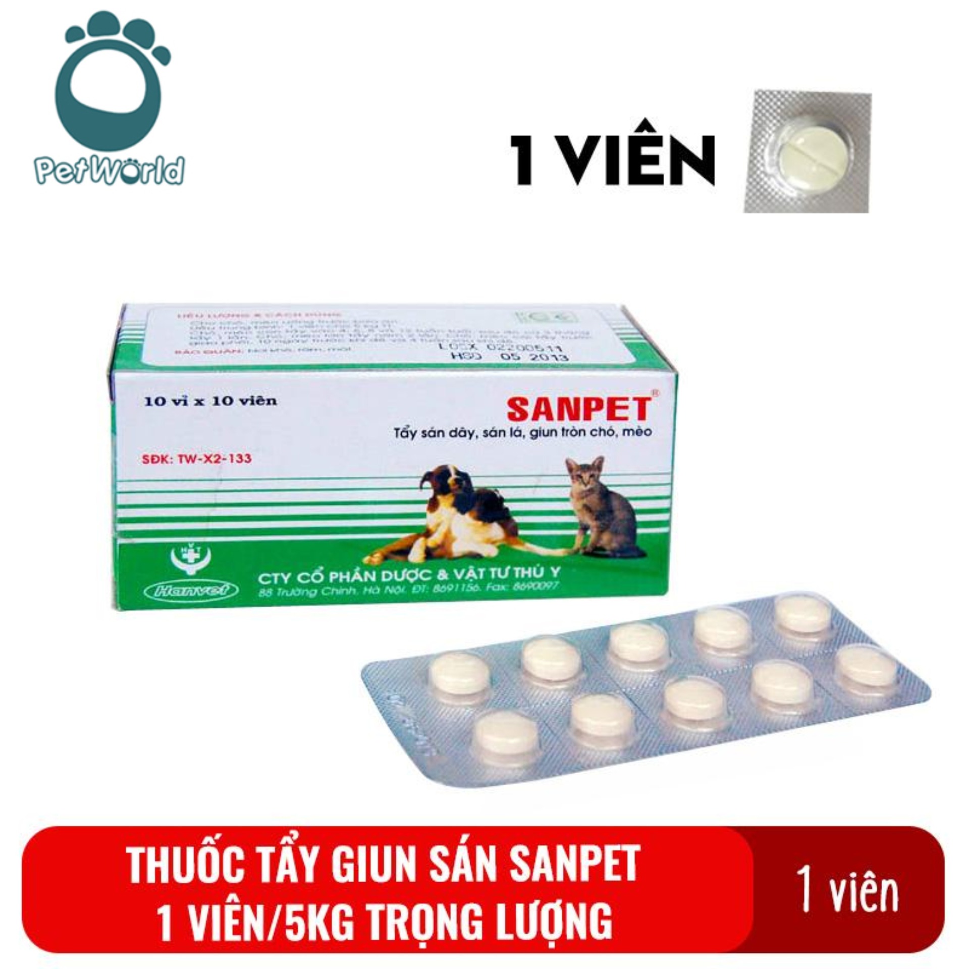 1 viên Thuốc tẩy giun sán cho chó mèo Sanpet - Thuốc xổ giun, sán, lãi cho thú cưng