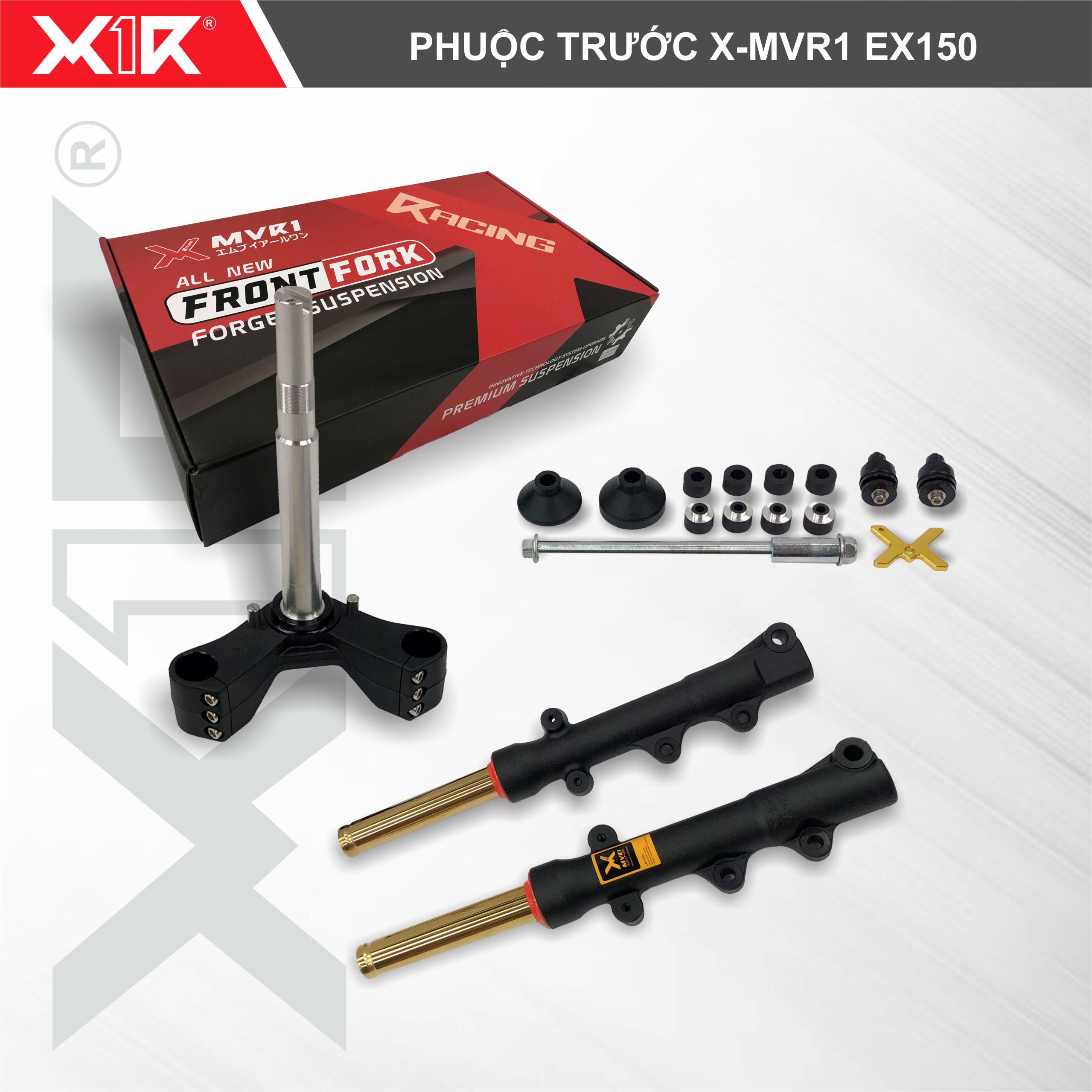 PHUỘC TRƯỚC 2 ĐĨA (x-MVR1 FORGED) CHO EXCITER 150 (MÀU ĐEN TY VÀNG) (ĐÃ GỒM CHẢNG BA CNC)