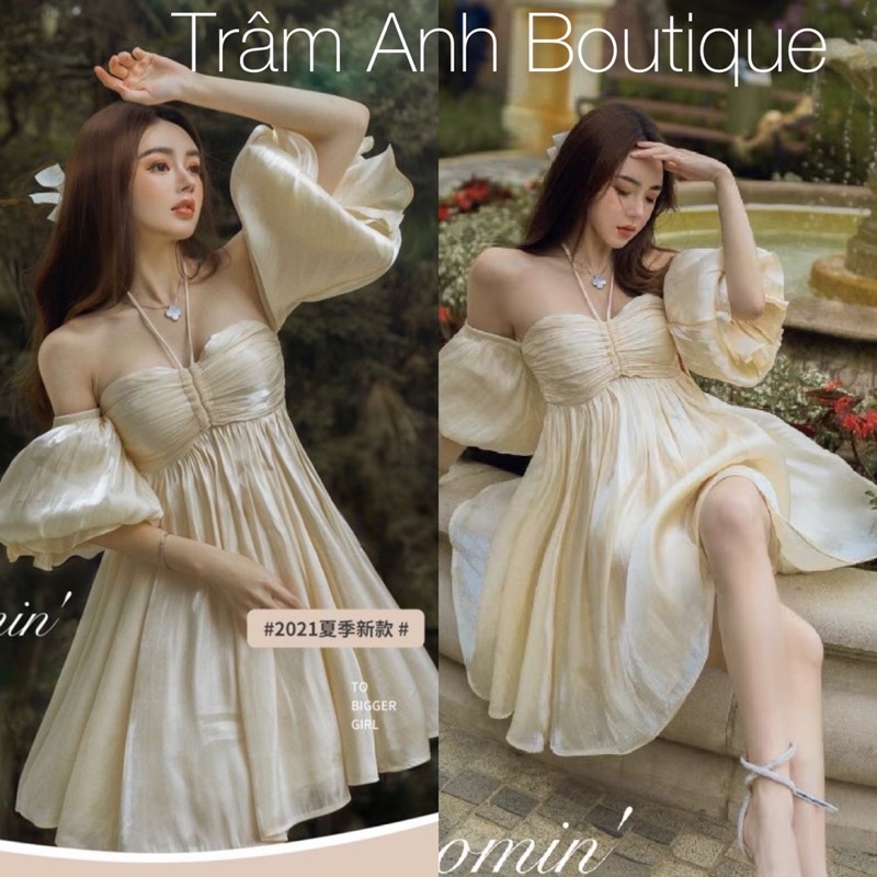 243 - đầm tơ trễ vai nude rút ngực trâm anh boutique