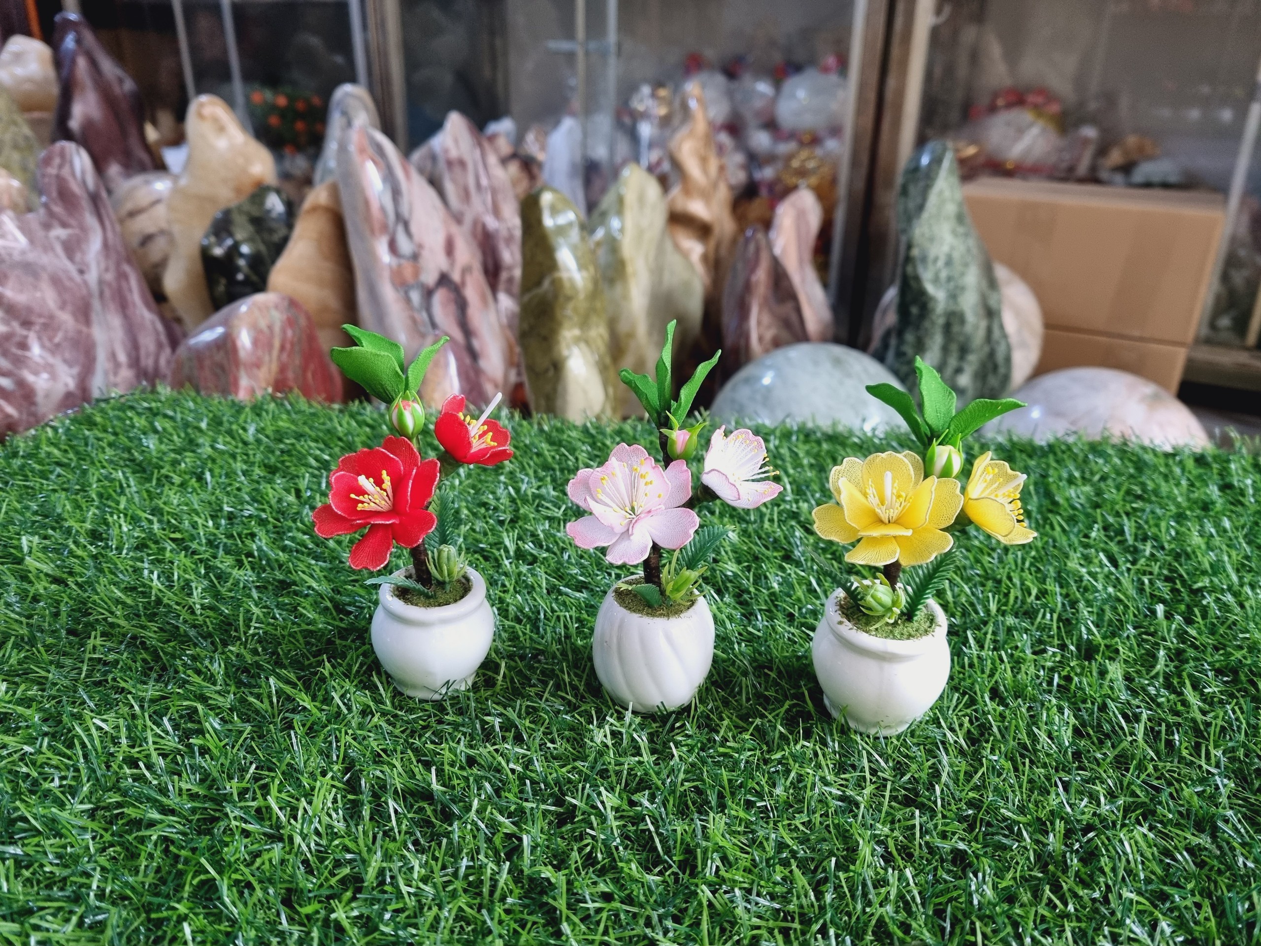 Chậu hoa đào hoa mai mini bằng vải voan