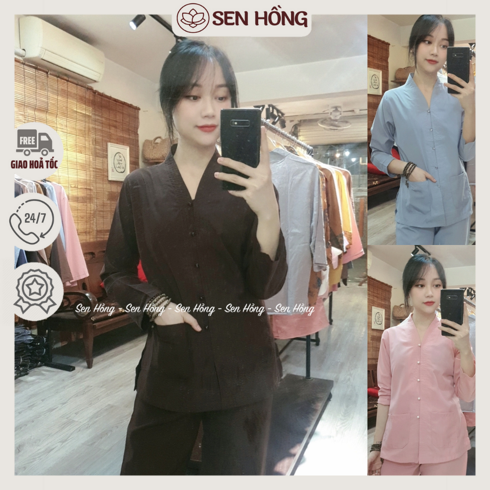 quần áo phật tử giá rẻ Bộ bà lai không thêu có túi 2 bên, cài cúc nhựa nhẹ nhàng