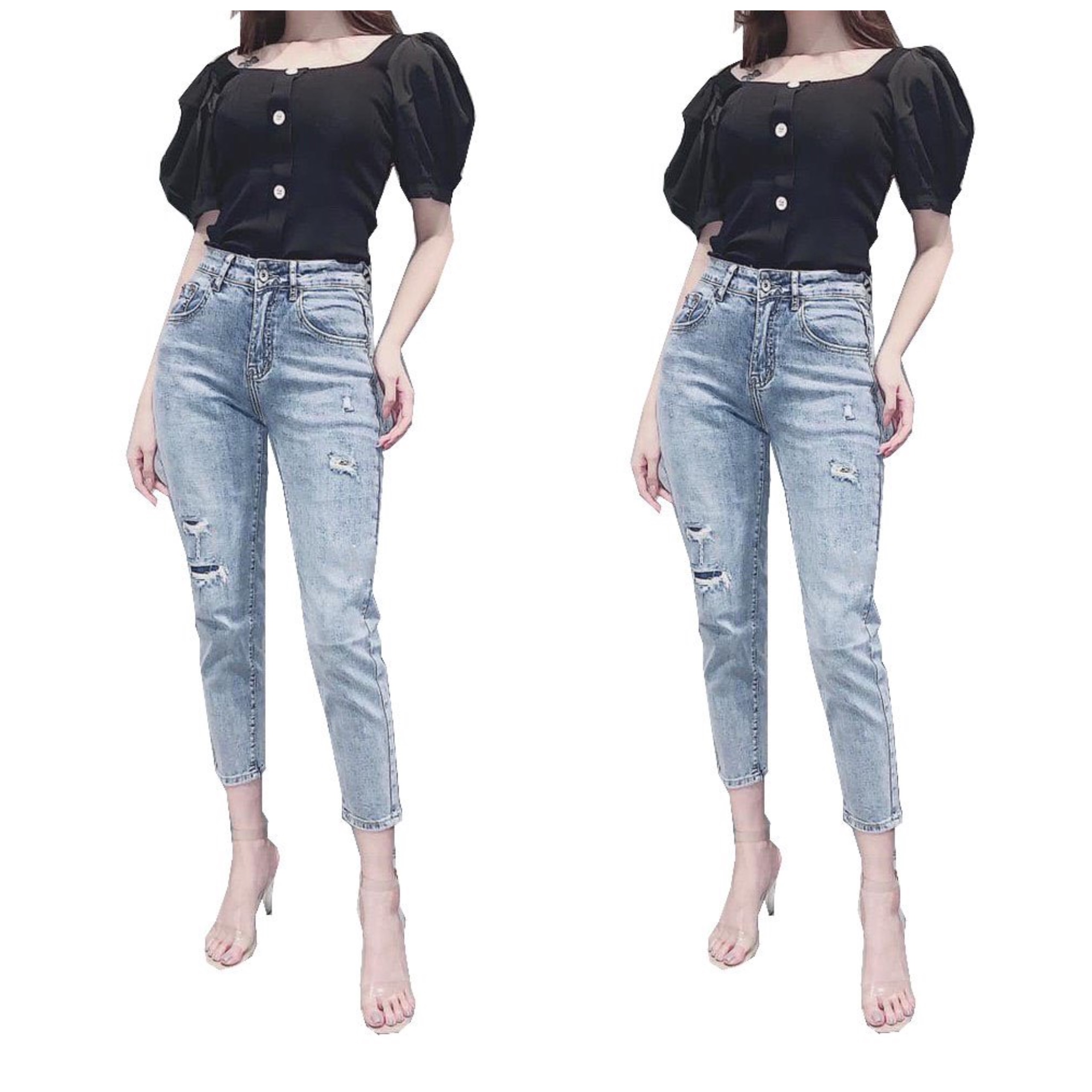 Quần jean nữ 9 Tấc Bigsize lưng cao rách ít, vải co dãn mạnh 3787 từ 62-90kg MLJ