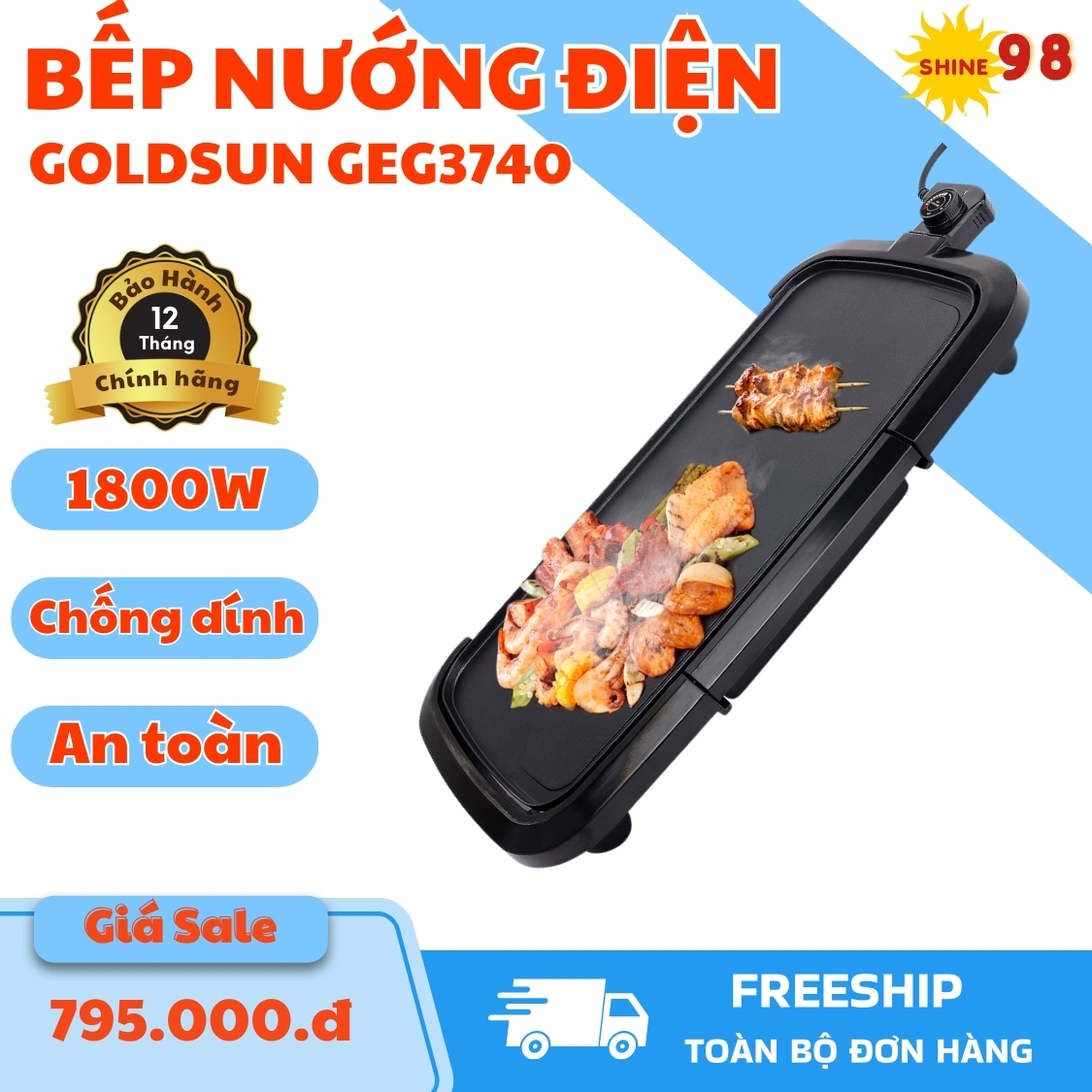 Bếp nướng điện goldsun GEG3740 không khói 1800W vỉ nướng 50x10 nhôm phủ chống dính có kèm khay hứng dầu