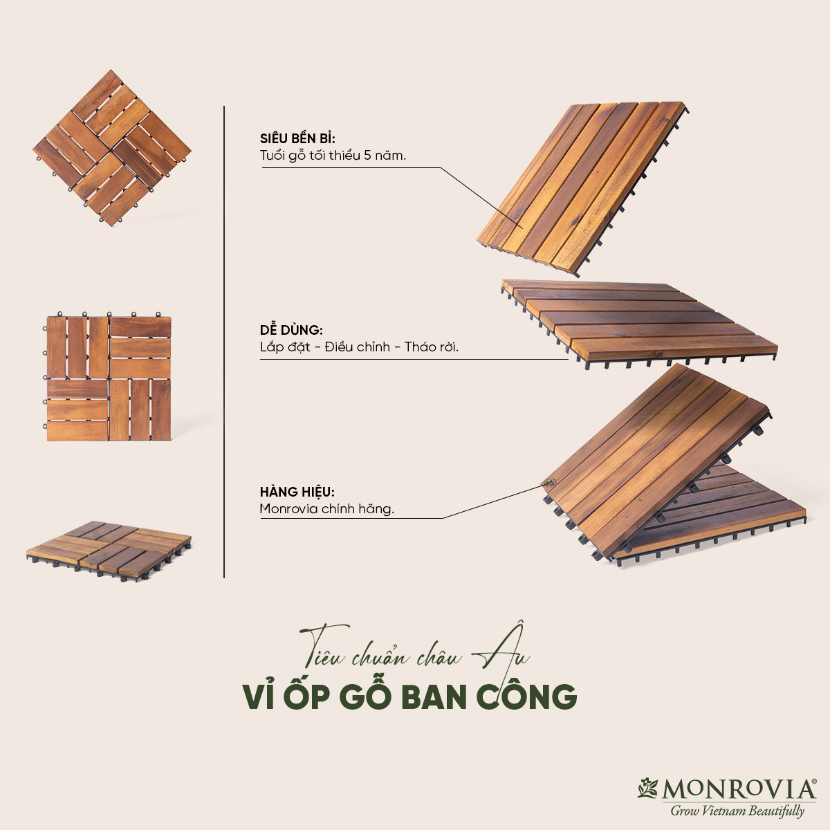 Combo 9 Vỉ Sàn gỗ ban công Monrovia, vỉ gỗ lót sàn, ván lót sàn gỗ, vỉ nhựa lót ban công, ngoài trời, sân vườn, cạnh hồ bơi thương hiệu Monrovia