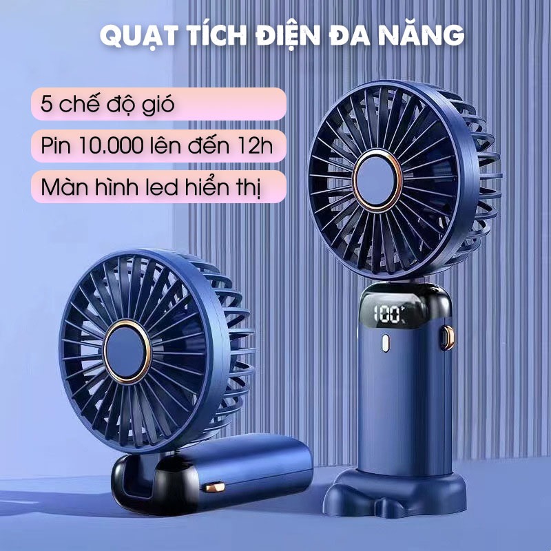 Quạt cầm tay tích điện du lịch pin trâu 10000mah 5 tốc độ gió có màn hình led hiển thị