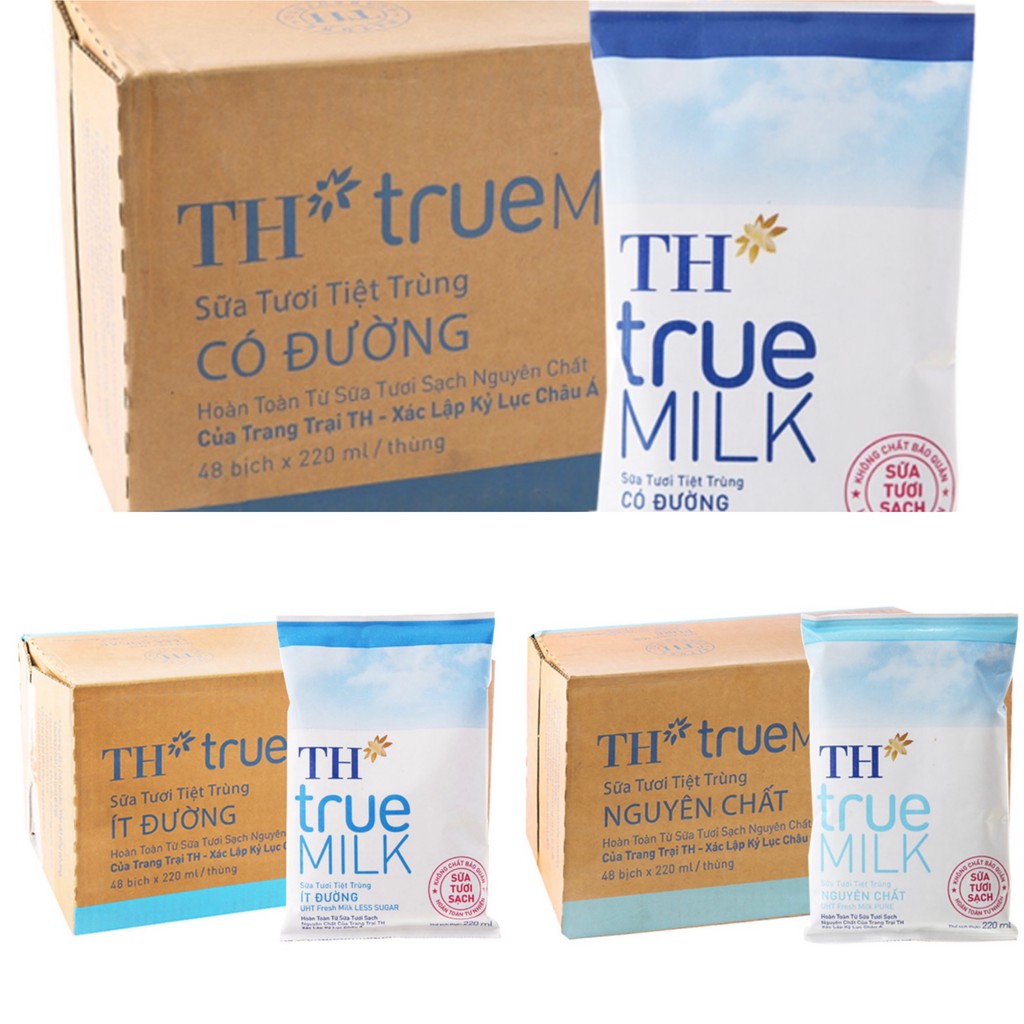 Sữa TH truemilk 48 bịch có đường/ít đường/không đường
