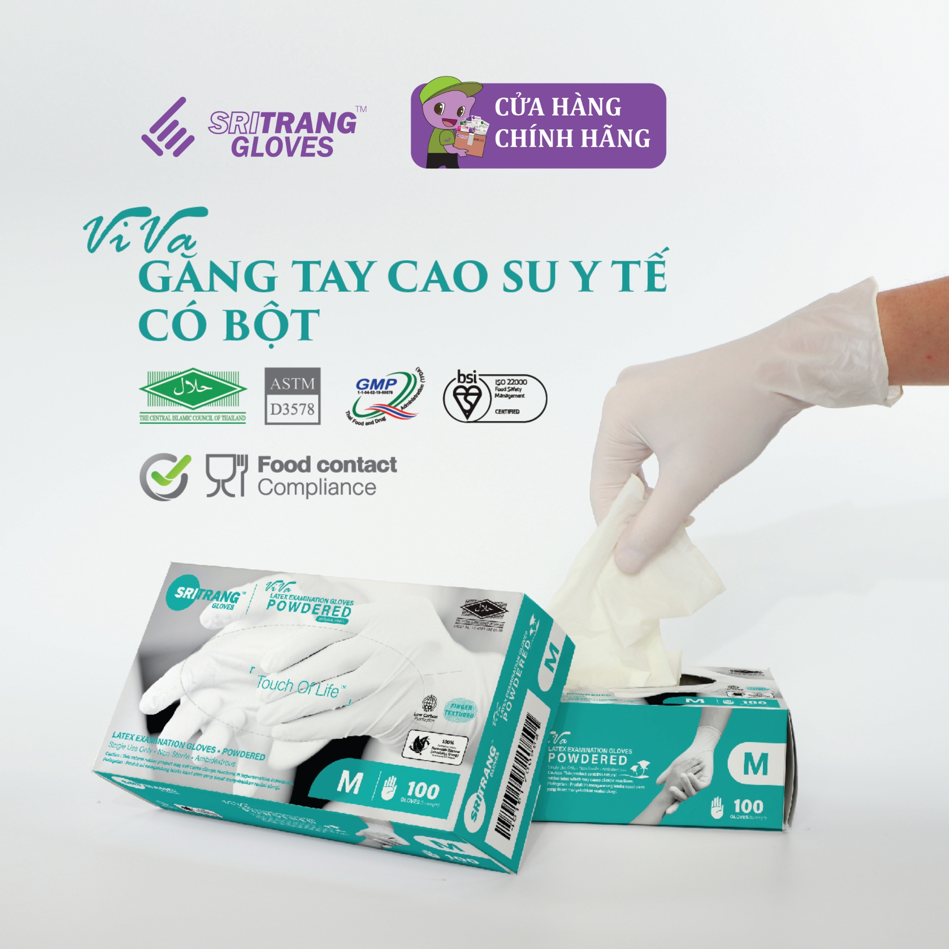 Găng tay cao su y tế latex có bột Sri Trang Viva hộp 100 chiếc