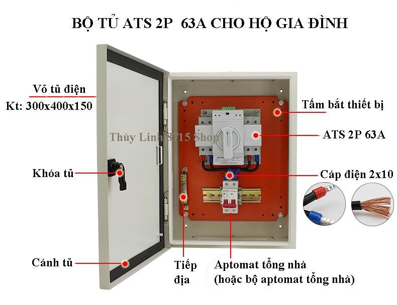 Bộ tủ điện tổng nhà tích hợp bộ chuyển đổi nguồn điện tự động ATS 2P 63A
