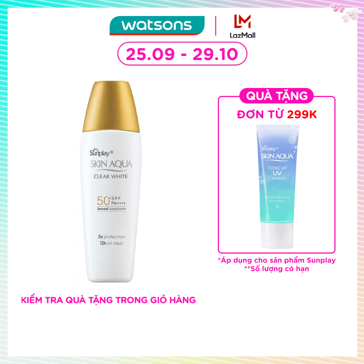[MUA LÀ CÓ QUÀ] Sữa Chống Nắng Dưỡng Da Trắng Mịn Tối Ưu Sunplay Skin Aqua Clear White SPF50+ 25g