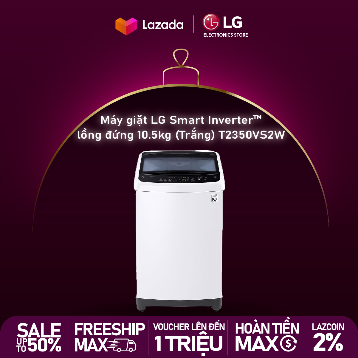 Miễn phí COD Giao Lắp Đặt Hà Nội Máy giặt LG Smart Inverter lồng đứng 10.5kg T2350VS2W Smart Inverter Động cơ ổn định bền bỉ Smart Diagnosis