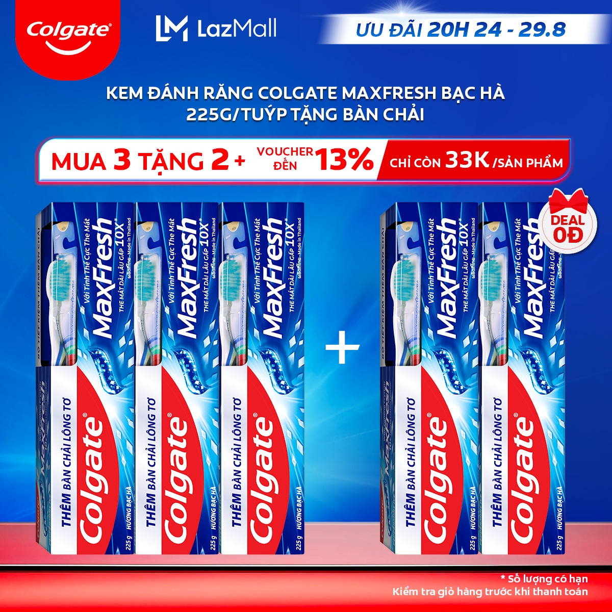 [Ưu đãi 20H 24.8 - 29.8_Mua 3 tặng 2 | Chỉ còn 33K/tuýp]Bộ 3 Kem đánh răng Colgate MaxFresh 225g/tuýp tặng bàn chải đánh răng lông tơ cao cấp