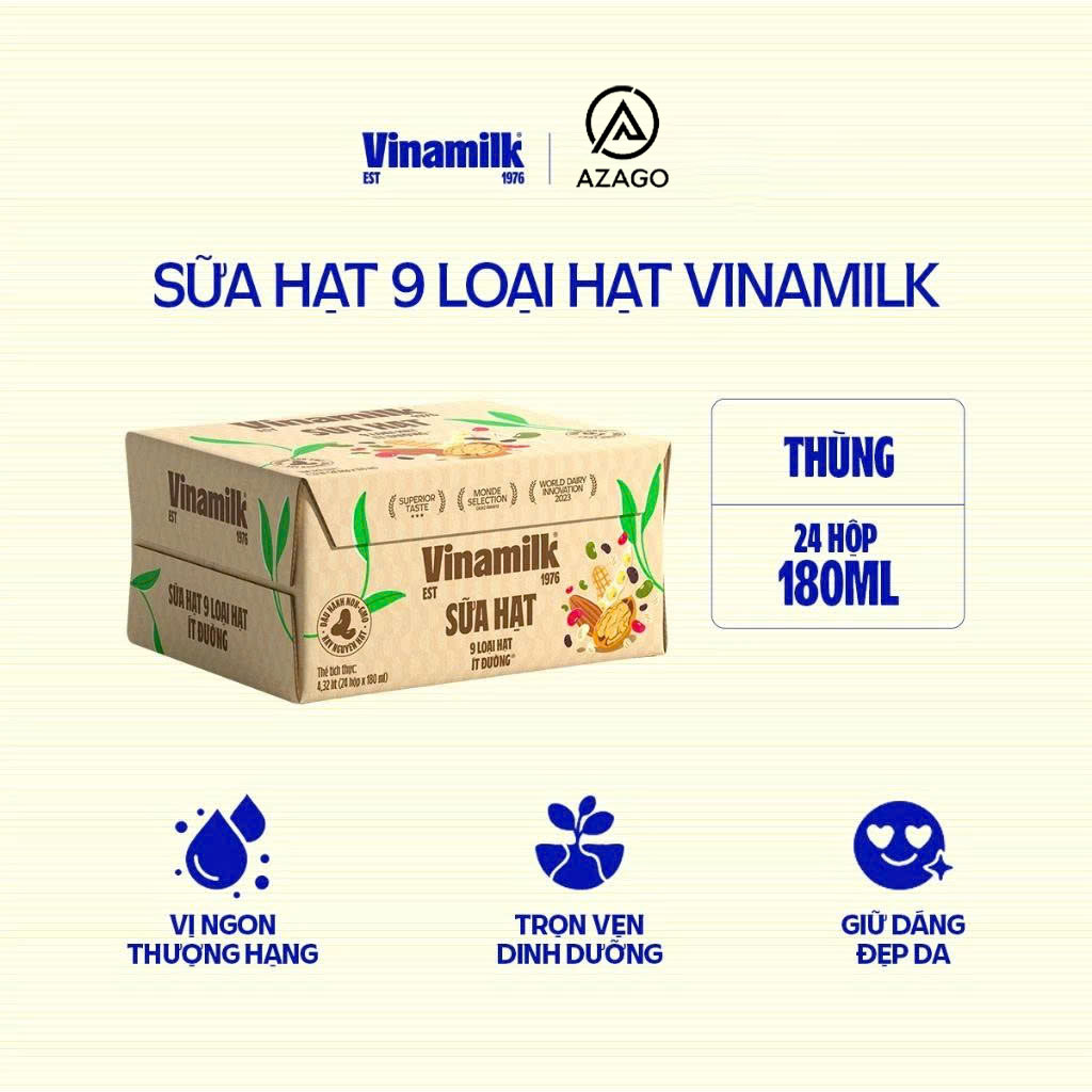 Thùng 24 hộp 180ml Sữa hạt 9 loại hạt Vinamilk ít đường - AZAGO