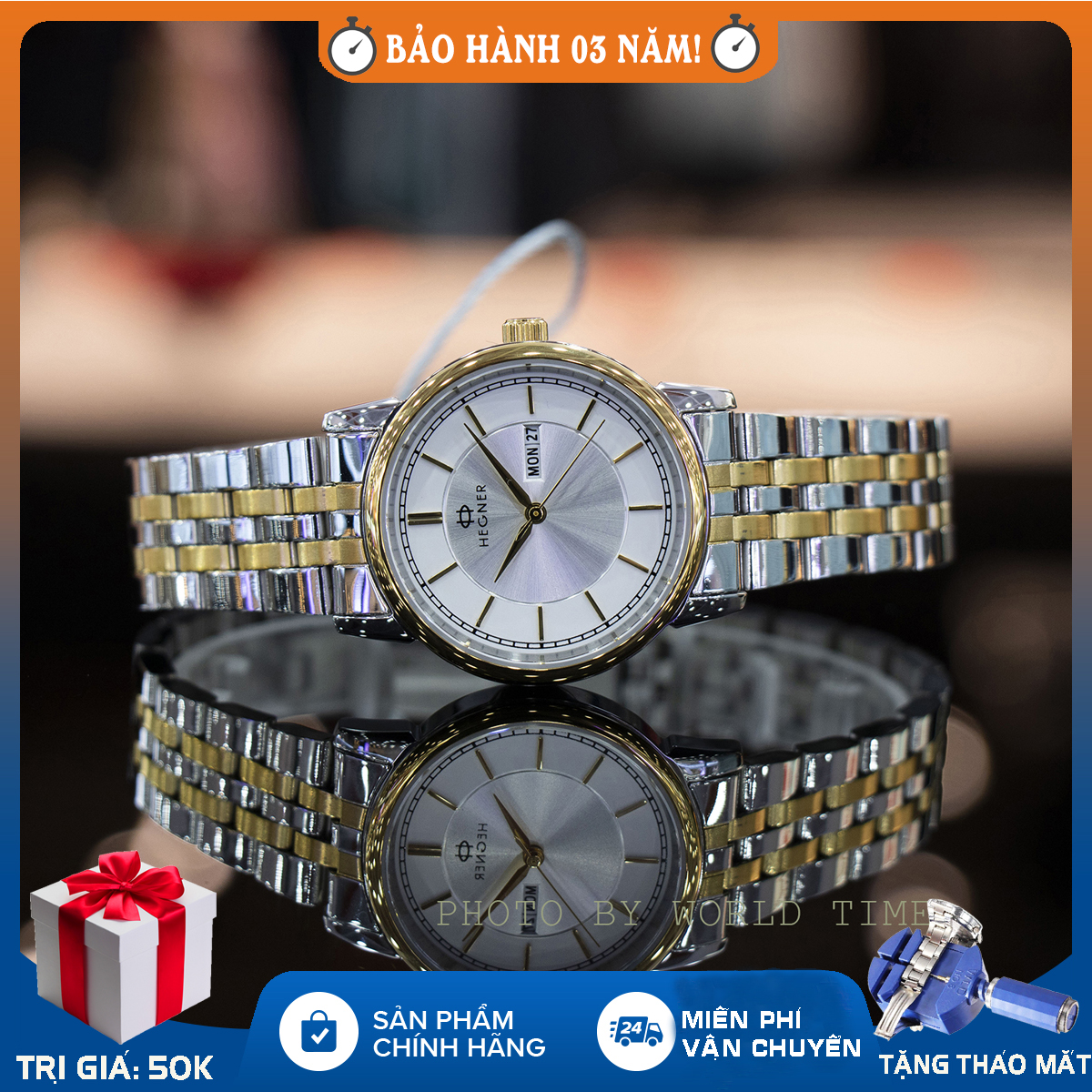 Đồng Hồ nữ Hegner HW-5049LCWH Full hộp , Thẻ bảo hành 3 năm , Kính Sapphire, Chống Xước , Chống Nước , Dây thép