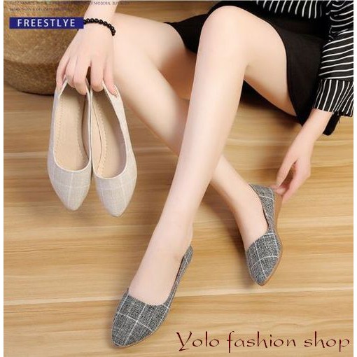 Giày búp bê nữ mũi nhọn da mềm kẻ caro đế 2cm cực êm chân -Kèm hình thật