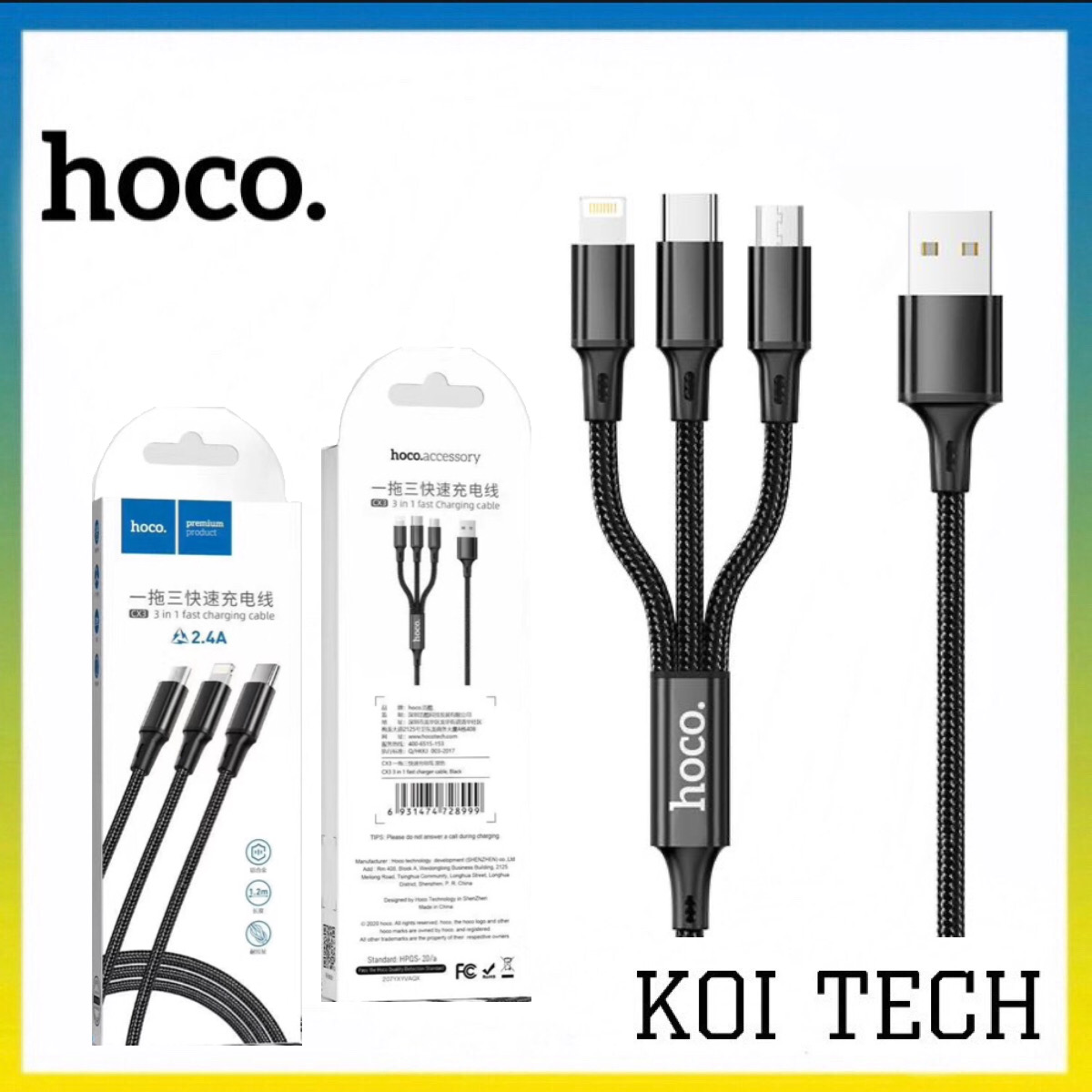 Dây sạc 3 đầu lightning type c micro hoco uc3 - cáp sạc 3 in 1 dây dài 1,2m cho ip type c micro  - KOI TECH