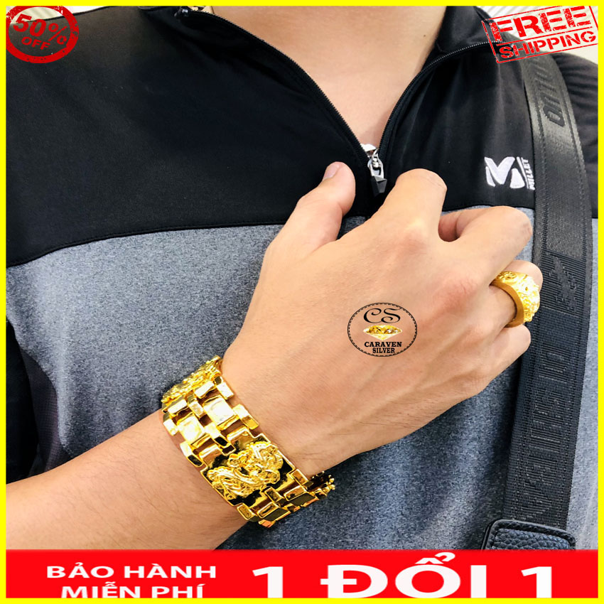 Lắc tay nam bản rộng mặt rồng cộm nổi cáng - Kích thước 20x3cm,màu vàng tươi như thật, kiểu của các tiệm vàng - Caraven silver - TH150299 - Lắc nam,lac nam,lắc tay nam,lac tay nam,lắc tay mạ vàng,lac tay vang
