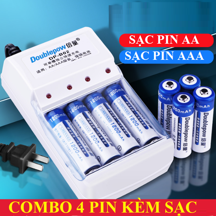 Bộ 4 pin tiểu sạc lại Douplepow công suất thực pin sạc aa pin sạc aaa pin tiểu pin đũa pin sạc