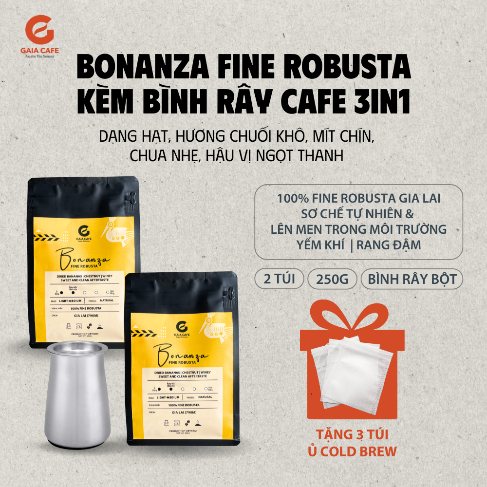 500gr cà phê hạt bonanza gaia cafe premium + cốc sàng bột cafe 3in1 | 100% cafe fine robusta