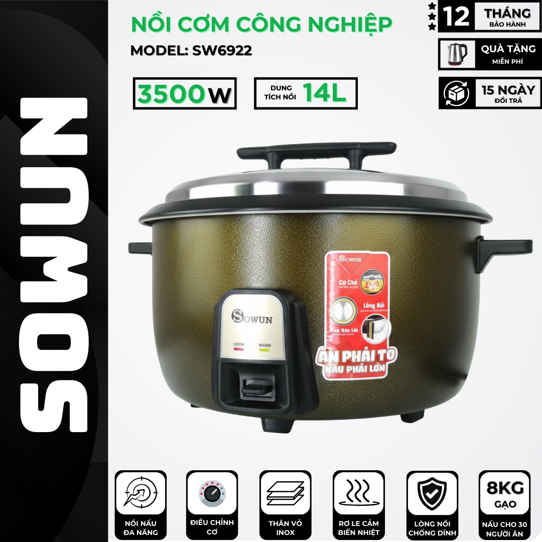 Nồi cơm công nghiệp sowun sw6922 14l chống xước, nấu 10kg gạo , lòng nồi hợp kim nhôm, mâm nhiệt tiết diện lớn