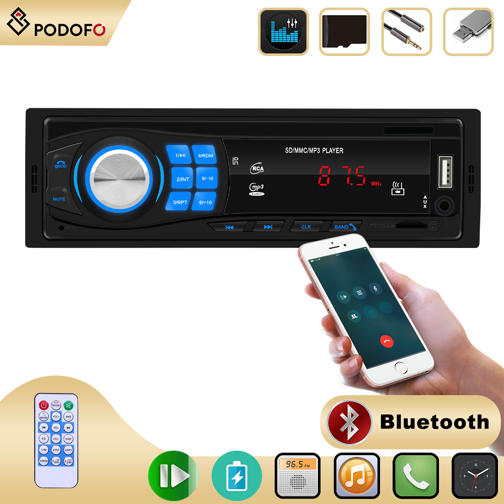 Podofo Máy nghe nhạc Mp3 tích hợp nghe đài 12V kết nối Bluetooth kỹ thuật số có các cổng USB/SD/AUX-IN phù hợp với xe hơi [☛flash sale] - INTL