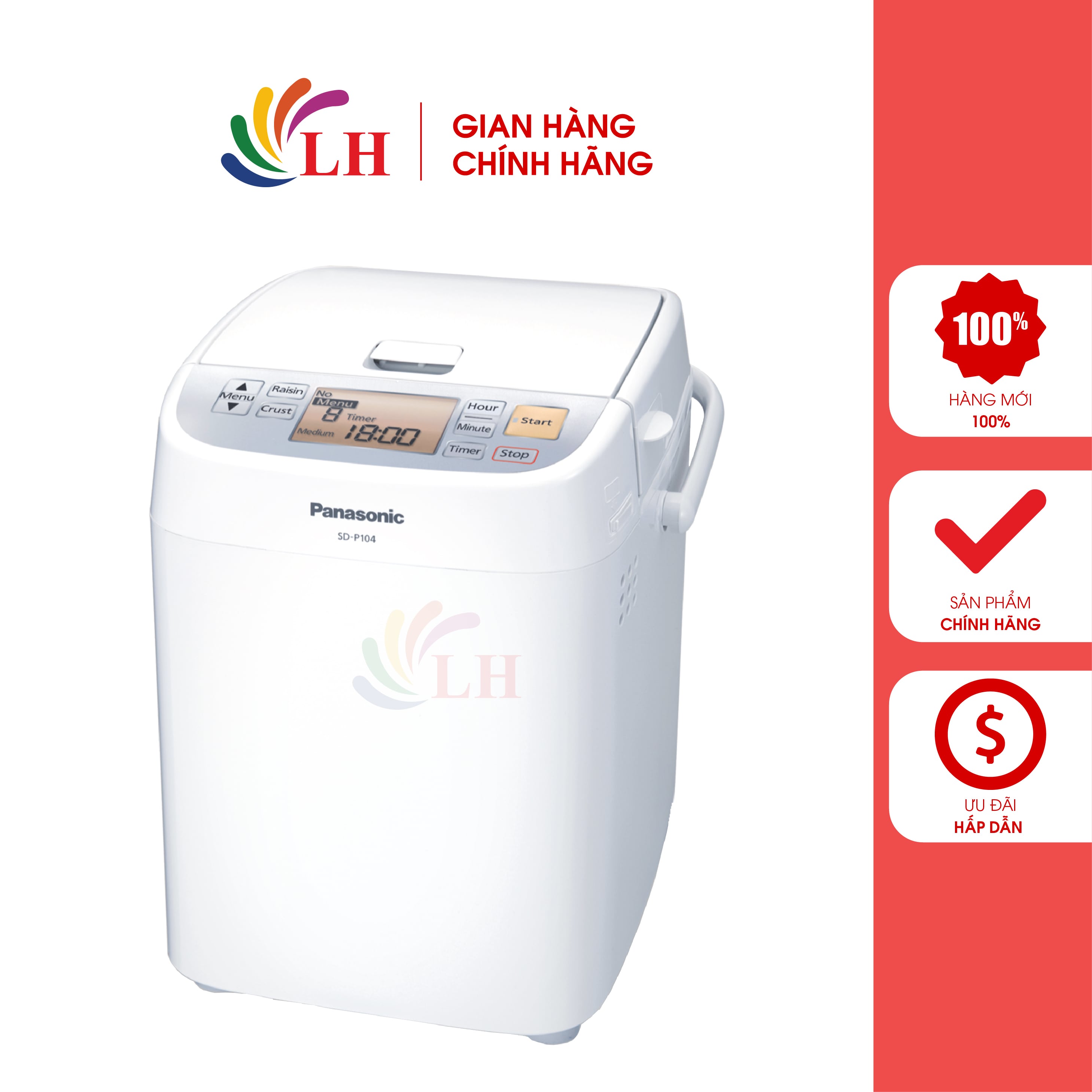 Máy làm bánh mì Panasonic SD-P104WRA - Hàng chính hãng - Công suất 360W thiết kế gọn gàng sang trọng hẹn giờ lên đến 13 tiếng