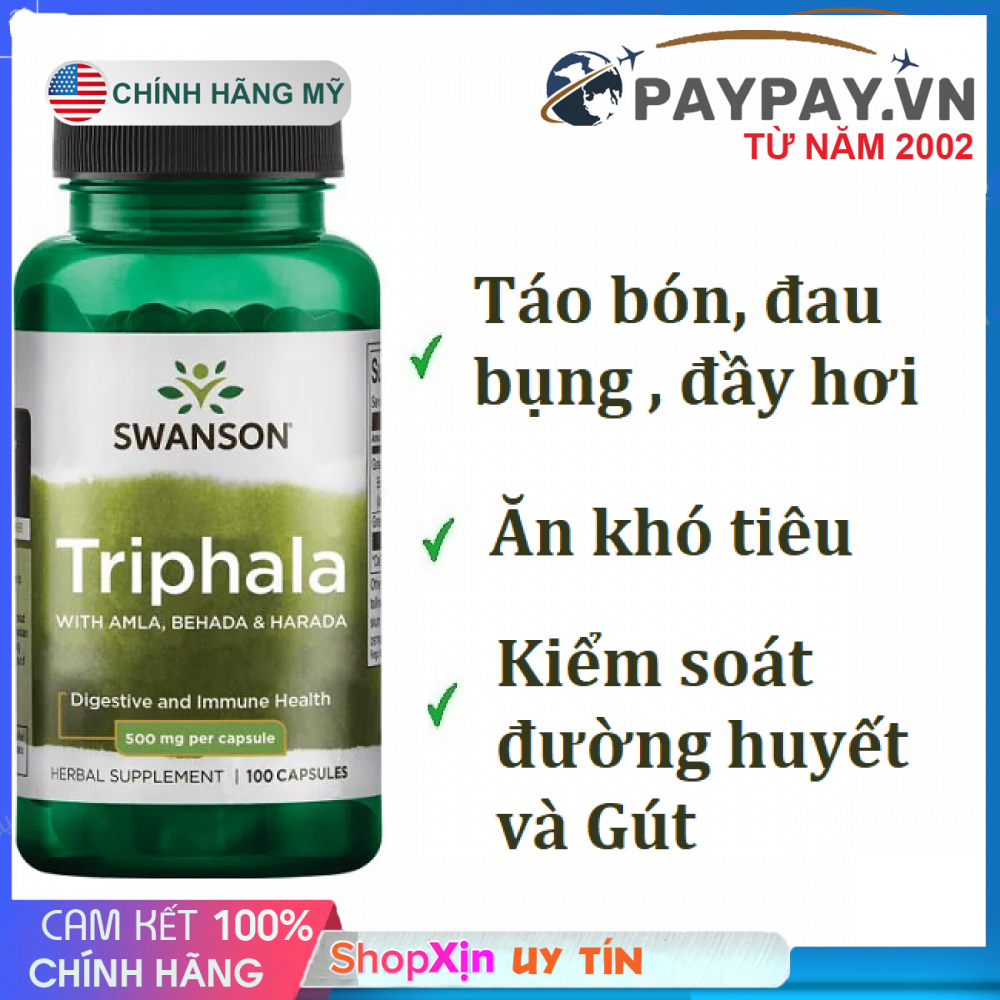 Hỗ trợ tiêu hóa sức khỏe đường ruột Gút & Tiểu đường Swanson Triphala của Mỹ