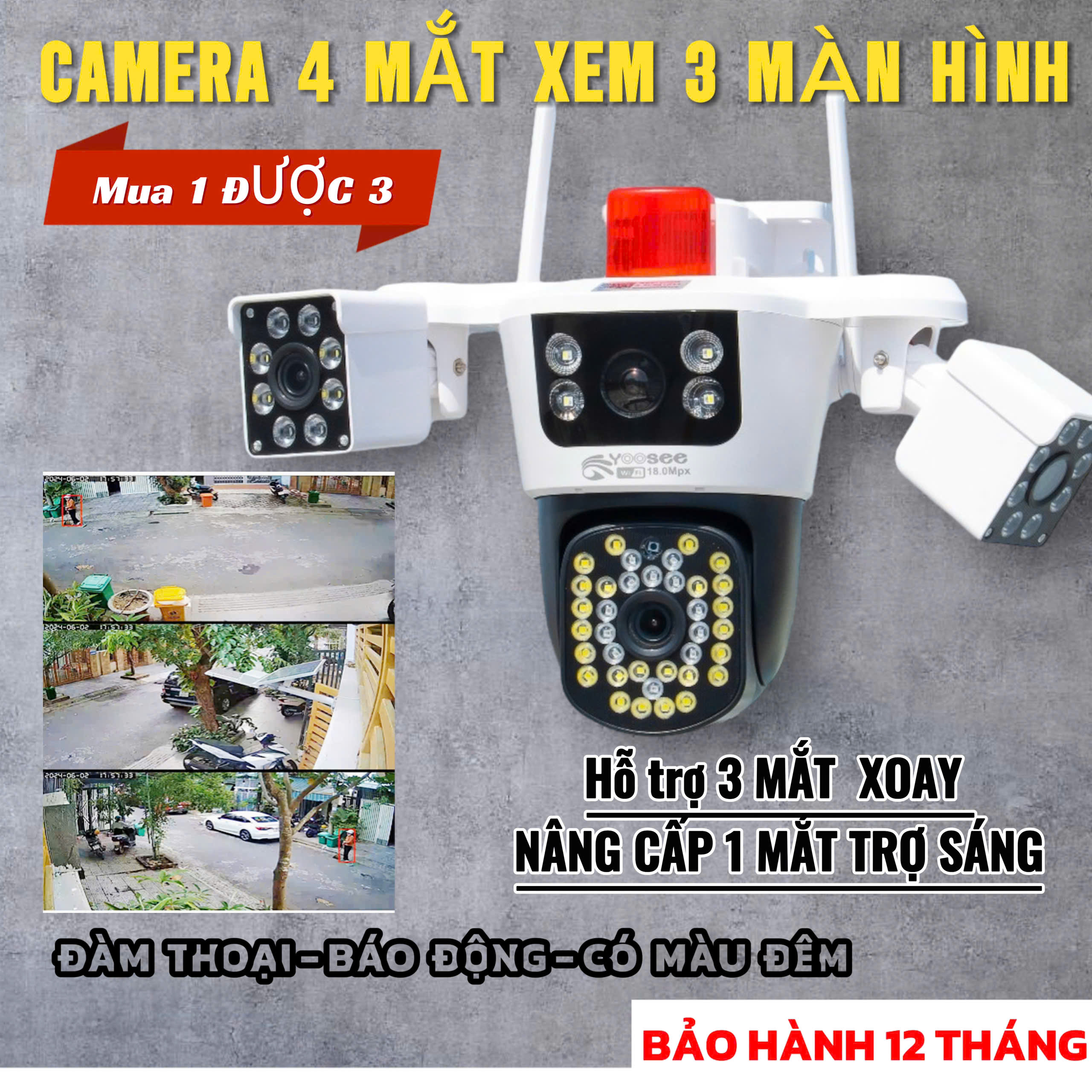 (TẶNG HỘP KT) Camera Yoosee 4 MẮT xEM 3 MÀN HÌNH MÁY BAY ĐỘC LẬP FHD, 3 mắt xoay,đầy đủ tính năng
