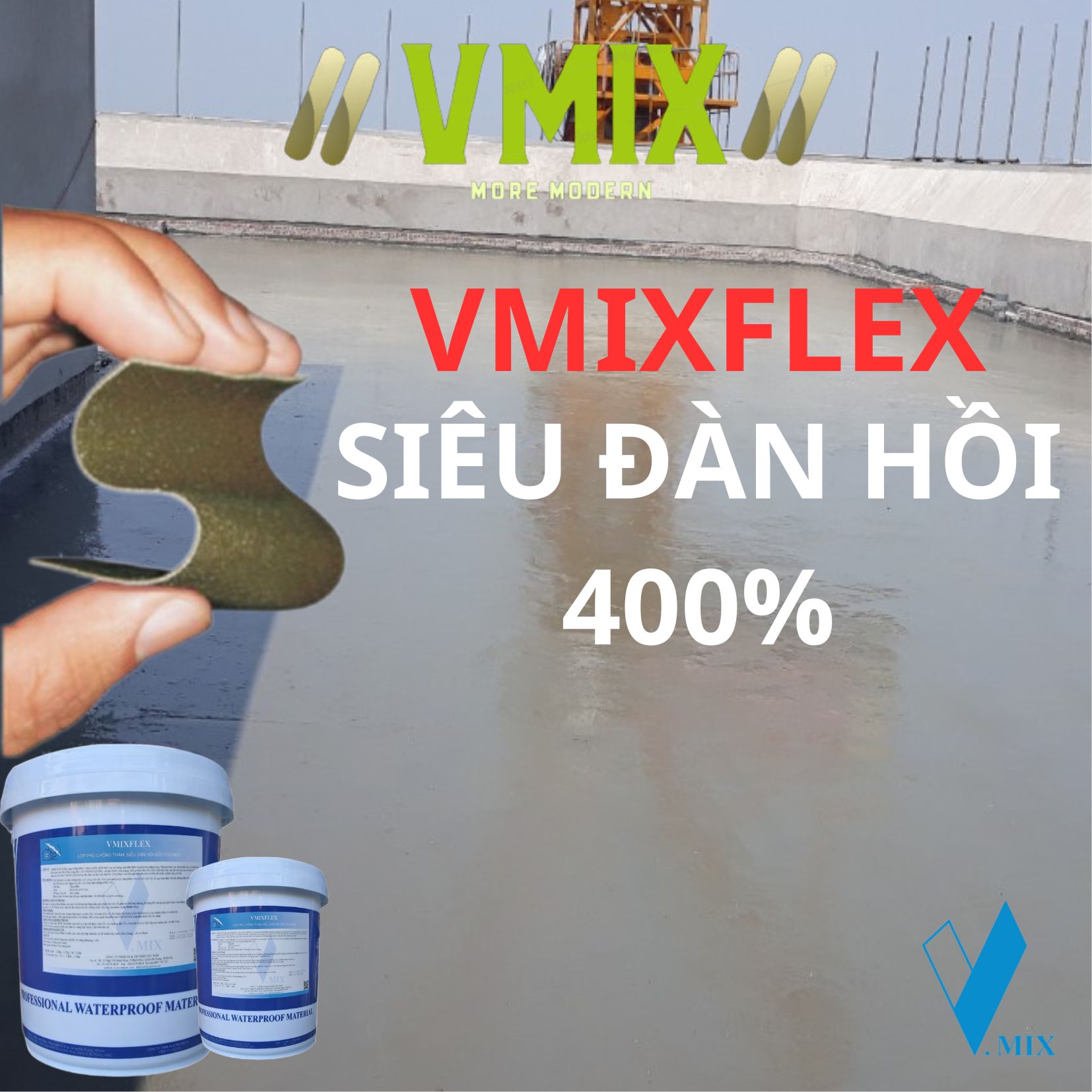 Chống thấm xi măng 2 thành phần siêu đàn hồi VMIXFLEX ,tỉ lệ pha trộn 1:1 ,chuyên dùng cho bể nước sinh hoạt không độc hại,dùng cho sàn mái, ban công,bể bơi,vệ sinh,tầng hầm,bể cá koi.VMIX ECO