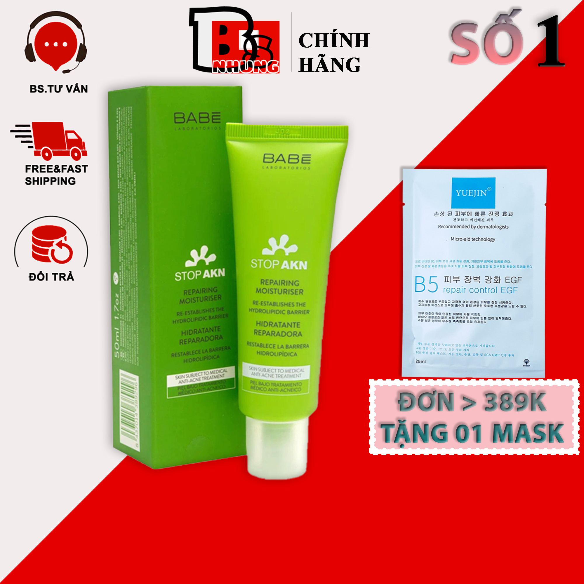 Kem dưỡng phục hồi da sau treatment, thấm siêu nhanh Babe Stop Akn Repairing Moisturiser 50ml