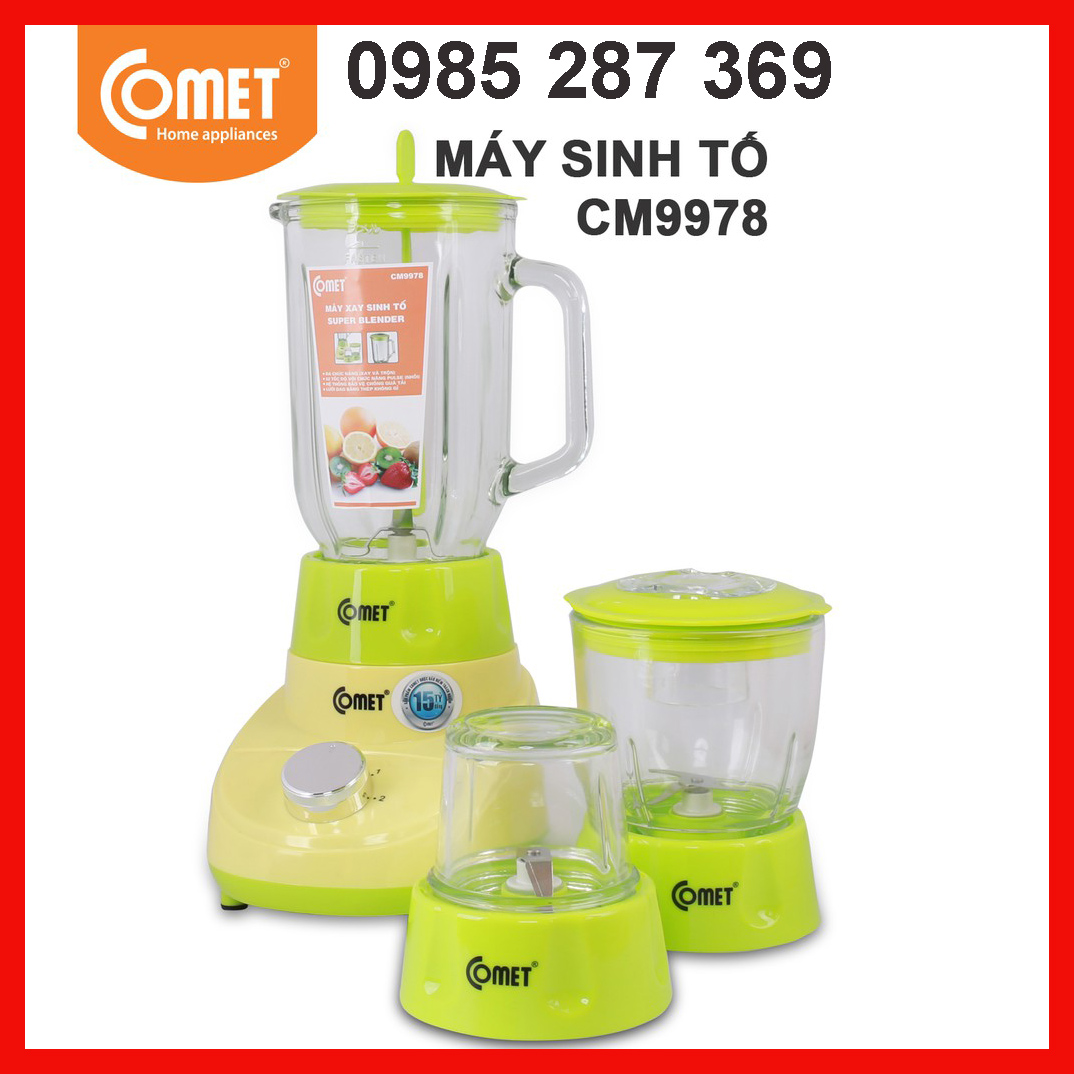 Máy xay sinh tố Comet CM9978 3 cối thủy tinh, máy say đa năng (Vàng phối xanh)