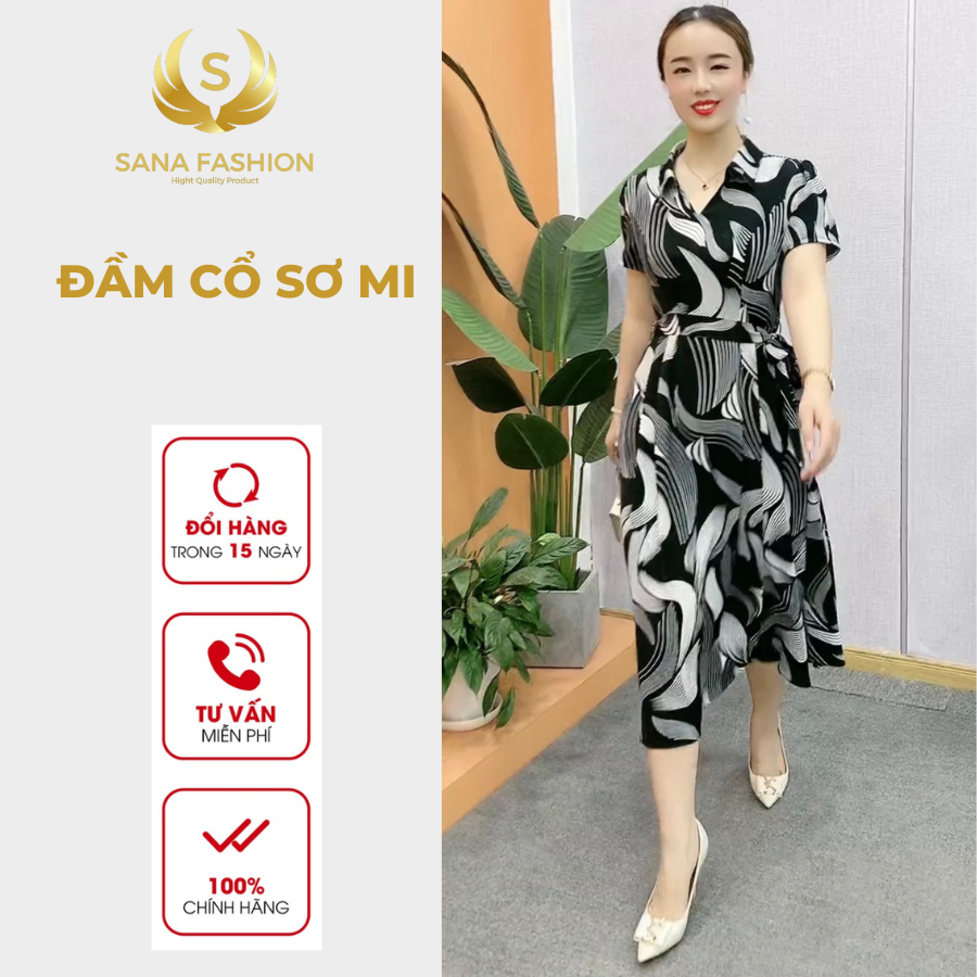 Đầm trung niên cho mẹ dự tiệc sang trọng, váy nữ cổ sơ mi cao cấp, áo đầm phụ nữ bigsize.