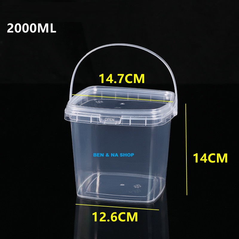 Square/Round Bucket 500ml, Plastic Bucket 1000ml, Square Bucket 2000ml for Milk Tea with Handle, Milk Tea Bucket, Candy Bucket - 5