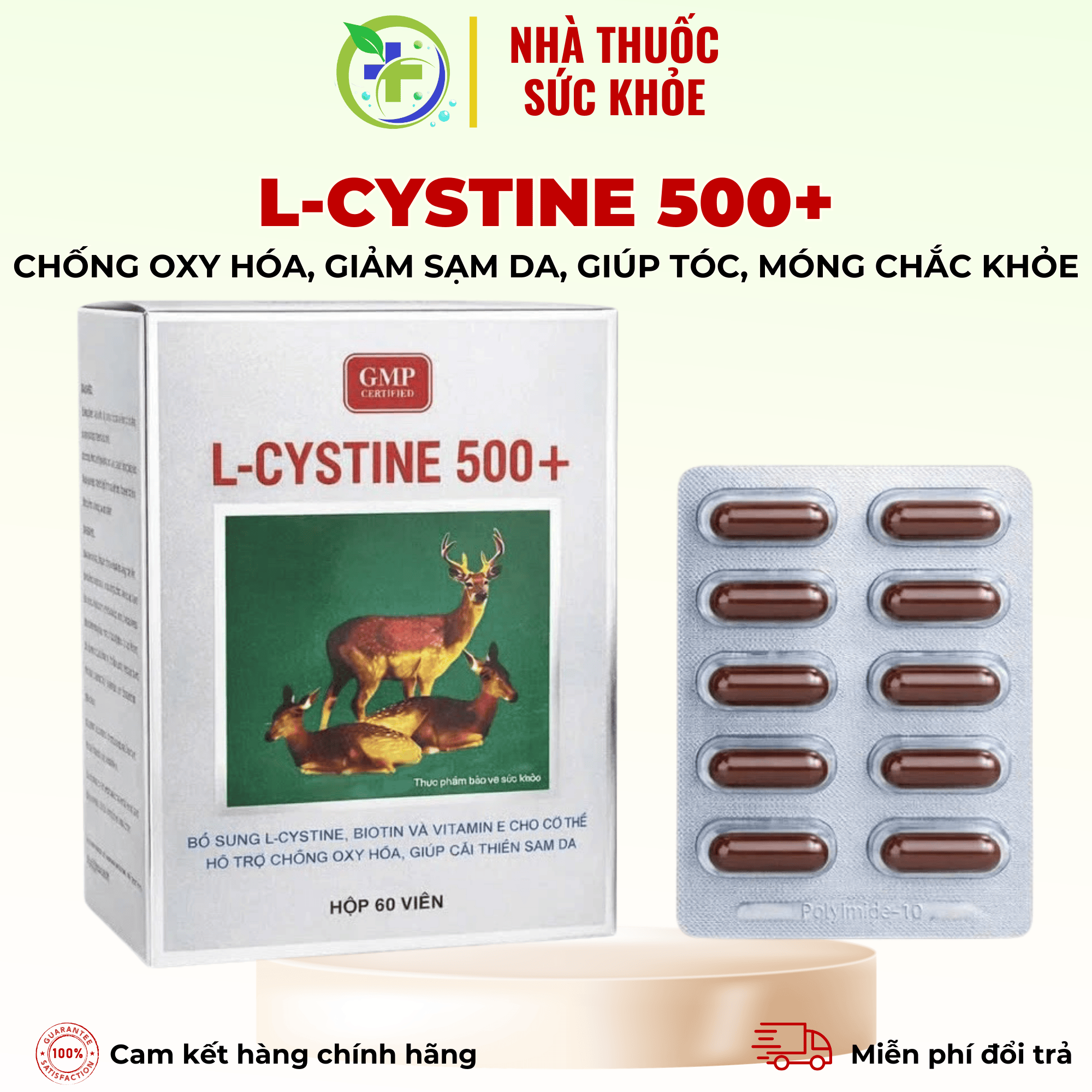 L-cystine 500+ - Giảm sạm da, giúp tóc, móng chắc khỏe, giảm rụng tóc, móng giòn, dễ gãy (H/60 viên)