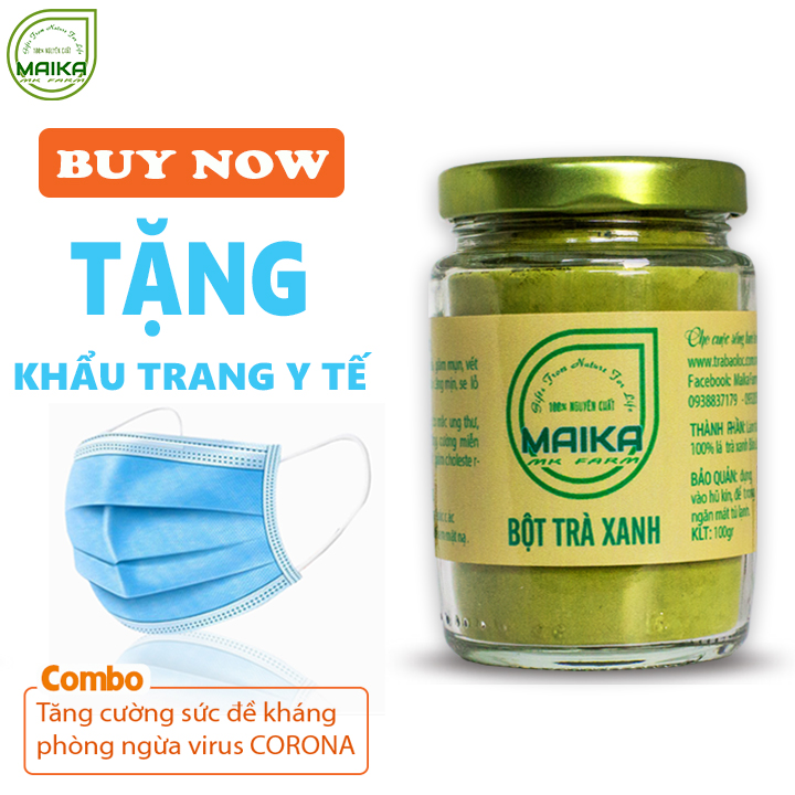 Bột Trà Xanh Nguyên Chất MK Farm (100g/hũ) + Tặng Khẩu Trang Y Tế - Hỗ trợ làm đẹp, dưỡng da, đắp mặt nạ chống lão hóa - Đã được kiểm nghiệm y tế