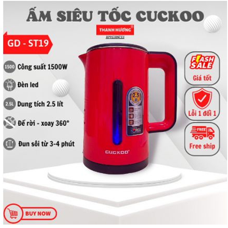 Bình đun siêu tốc 2.5 lít cuckoo gd-st19 , bình đun siêu tốc cuckoo dung tích lớn 2.5 lít, công suất mạnh 1500w đun sôi nhanh.